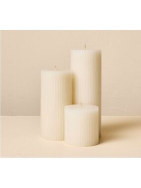 Hearth & Hand Ribbed 3 Pillar Candle Unscented & Cream Set 3" - 6" - 8" NEW!